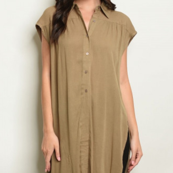 OVERSIZED OLIVE SIDE SLIT TUNIC TOP - Picture 2 of 7